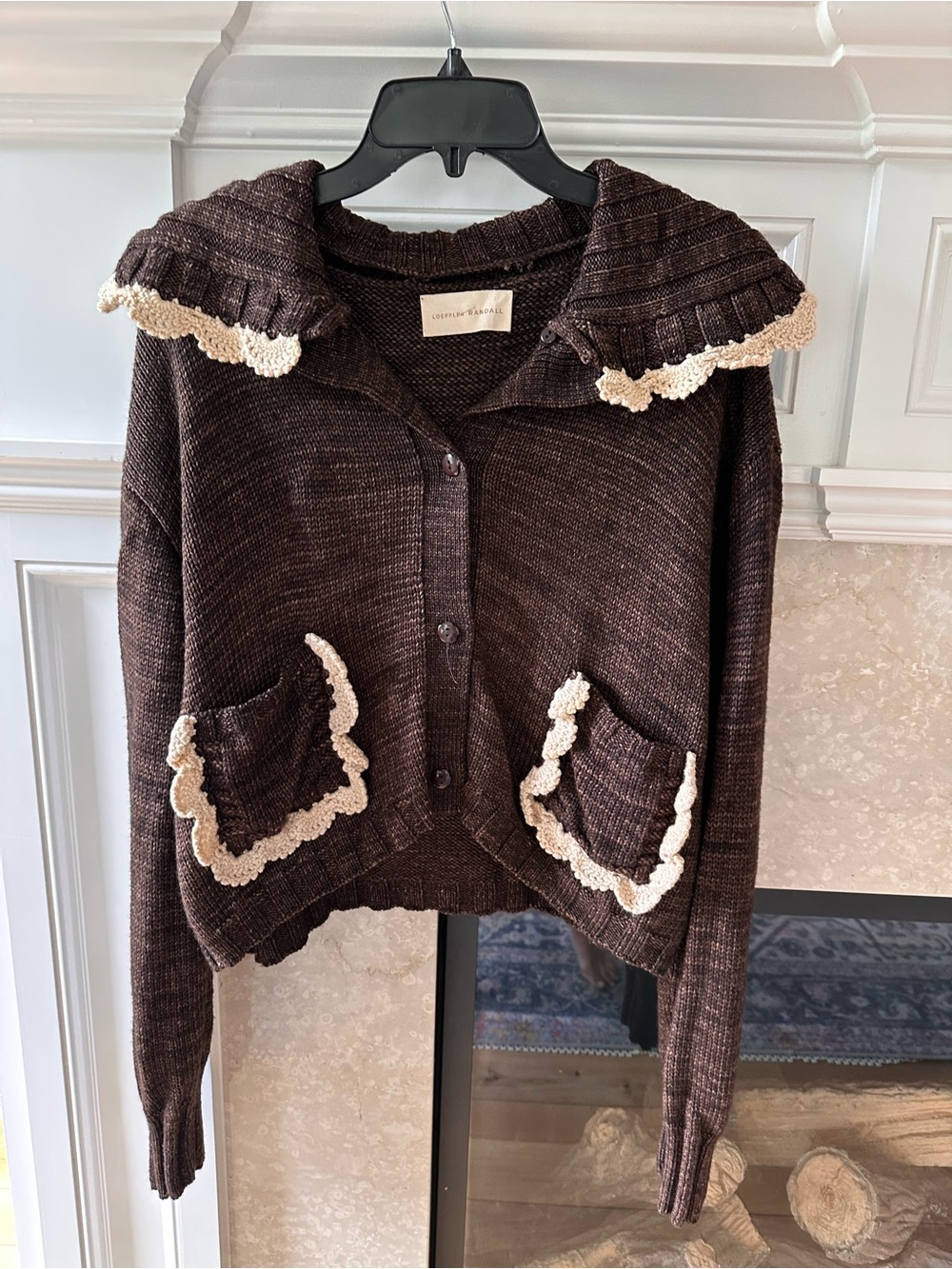 Loeffler Randall Lo Cardigan with Cream Crochet Trim & Removable Collar Medium M